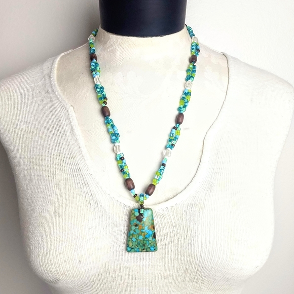 Piece #39 "Hawaiian Treasure" Handmade Sea Sediment Jasper & Glass Bead Necklace - Picture 4 of 5